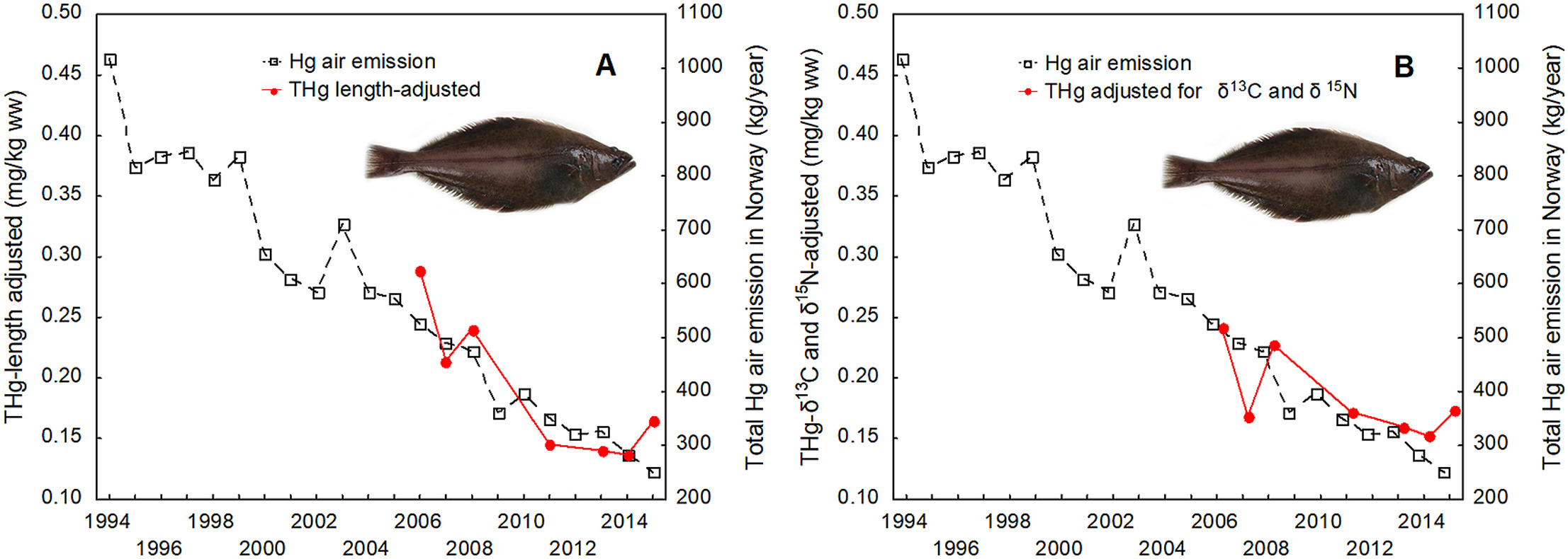 Graphs showing how the decline in mercury in Greenland halibut over time, corrected for fish length (left) and diet (right), coincides with reduced mercury emissions.
