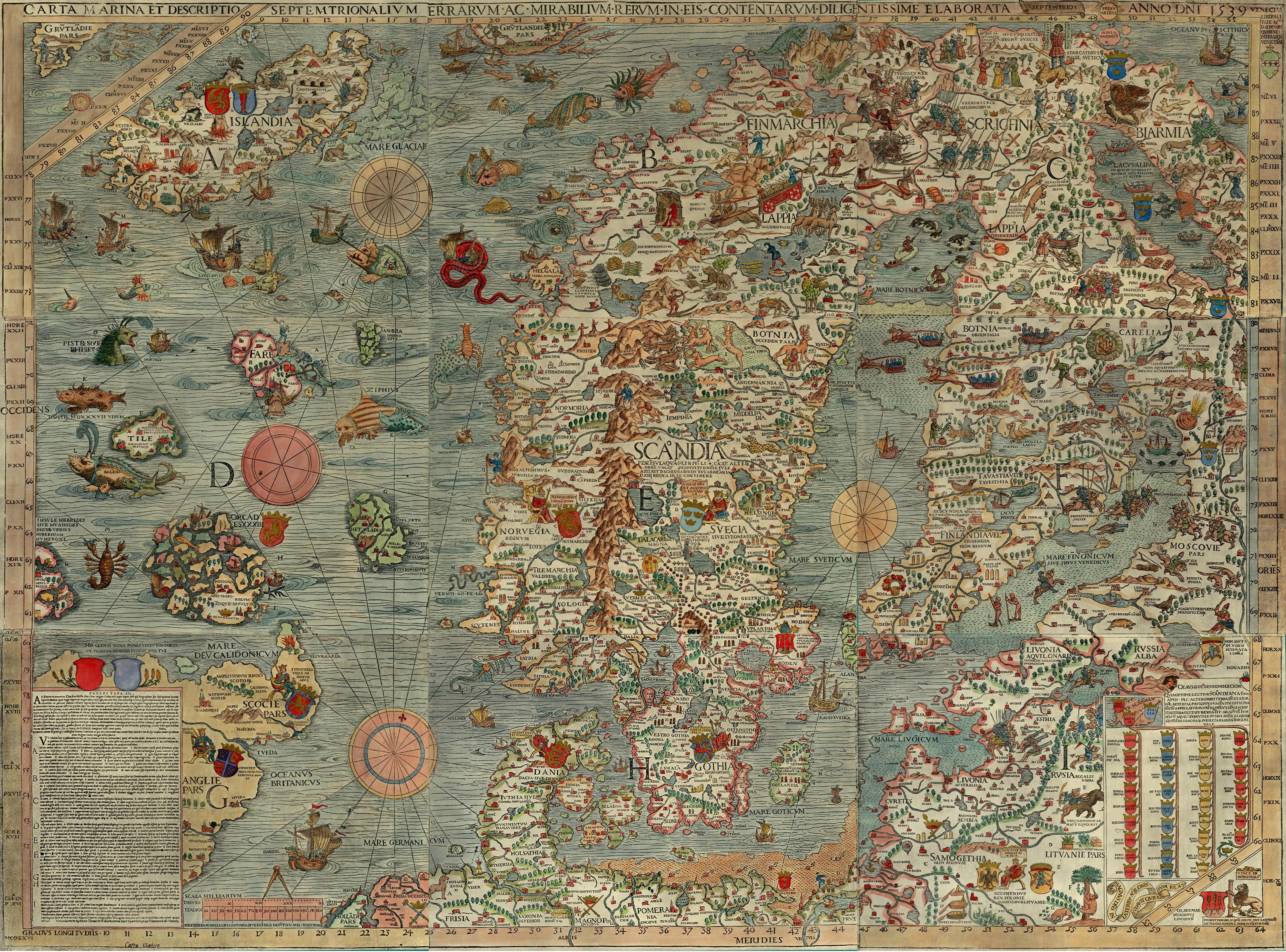 Det gamle sjøkarte Carta Marina med illustrert med alt mulig av ekte og mytiske dyr fra havet.