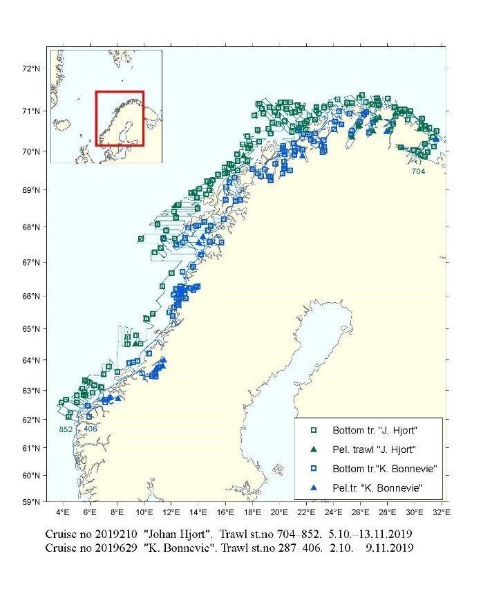 Kart over toktaktivitet for J. Hjort (grønn) og K. Bonnevie (blå)