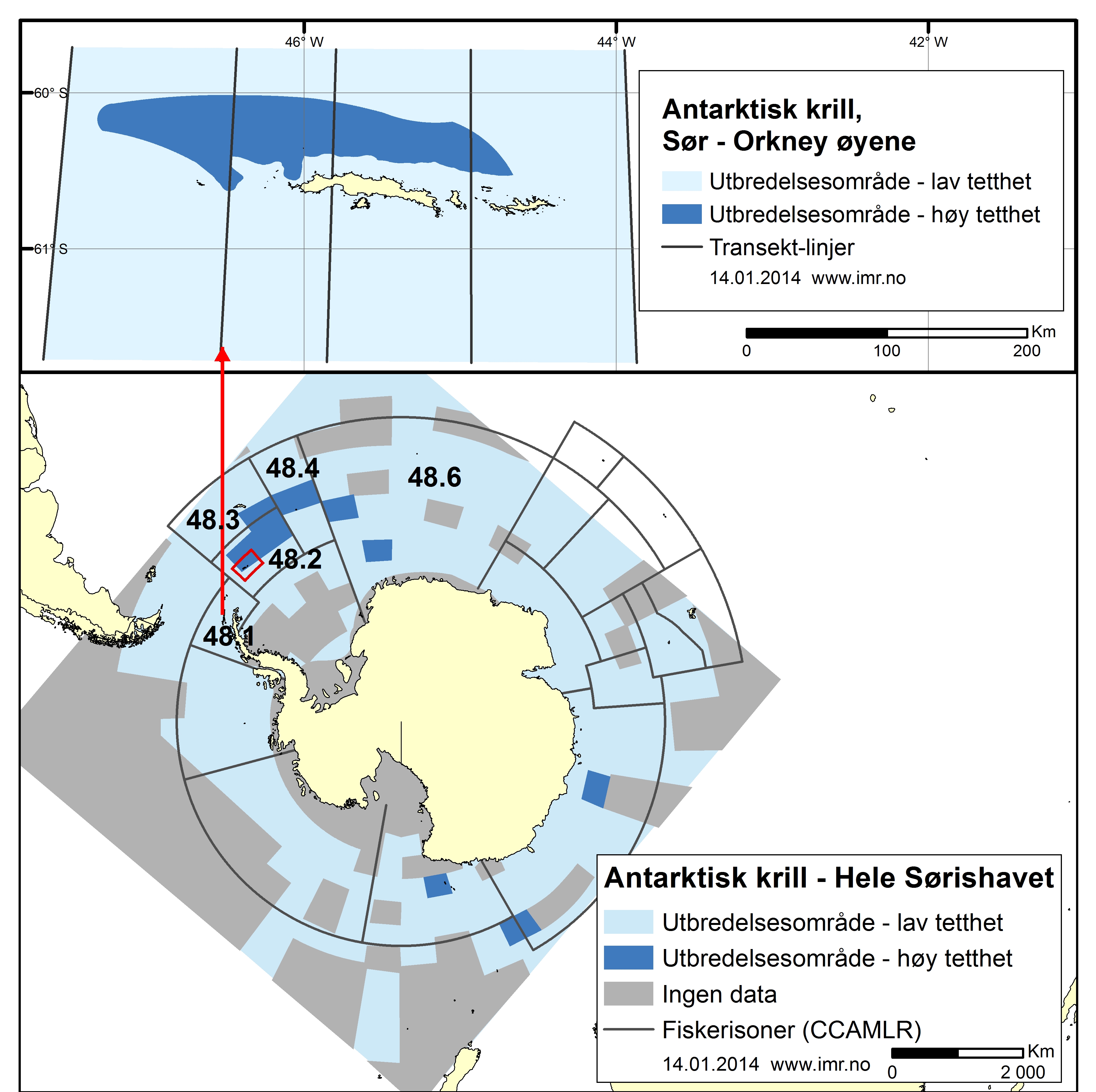 figur som viser krillens utbredelsesområde - øverst for Sør-Orknøyene, nederst for hele Sørishavet