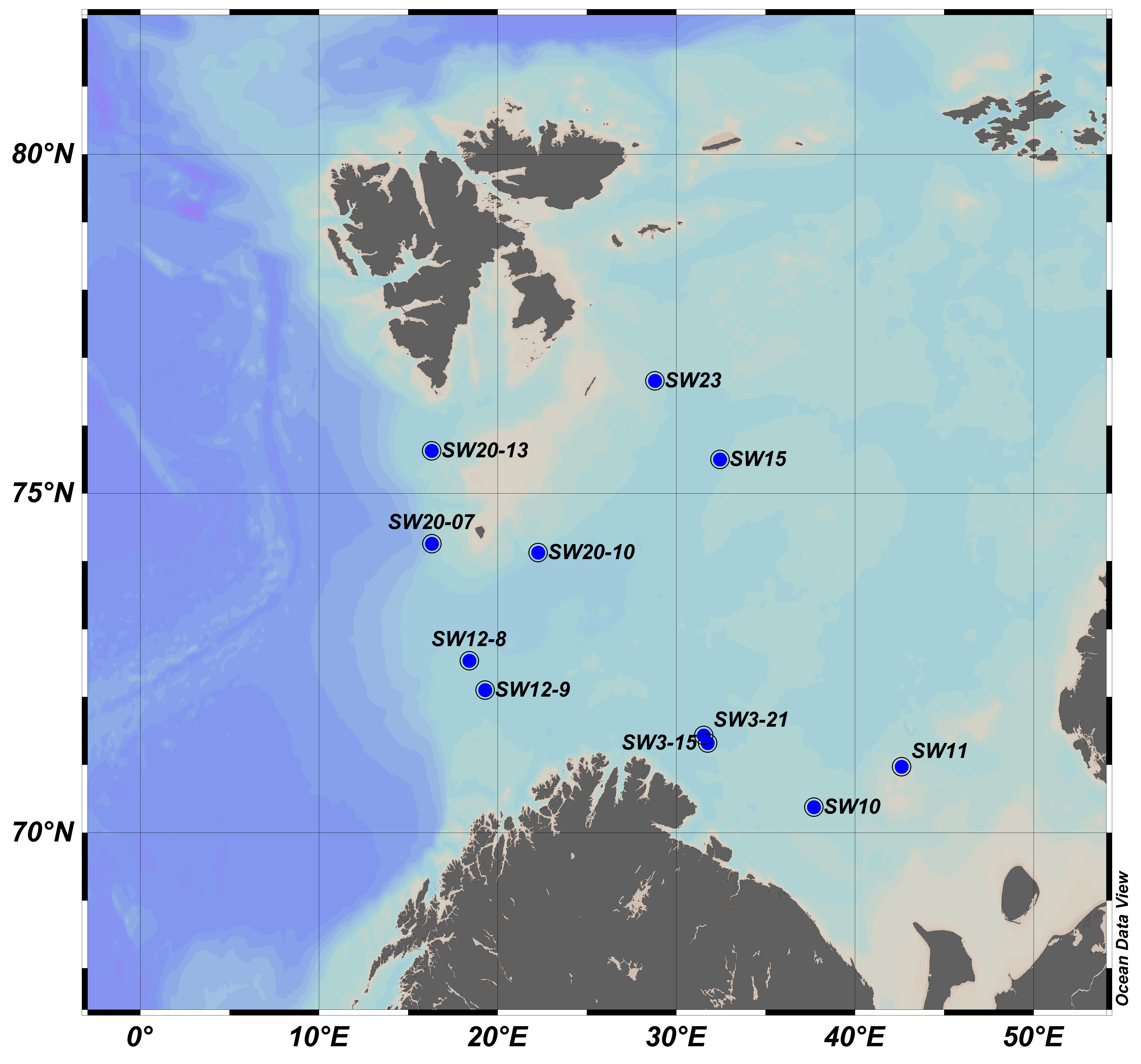Kart som viser at flekksteinbit vart fiska i Barentshavet.