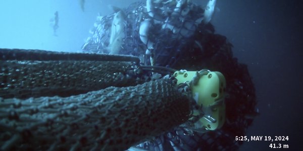 

undervannsfoto som viser en notpose full av fisk, der noen fisker smetter ut gjennom maskene