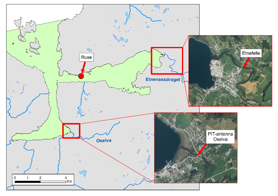 Figur 53. Plassering av Etnefelle i Etnevassdraget, PIT-antenna i Oselva og fiskerusen i Seldalsvika. Grønn felt viser grensene for den Nasjonale Laksefjorden Etnefjorden-Ølsfjorden.