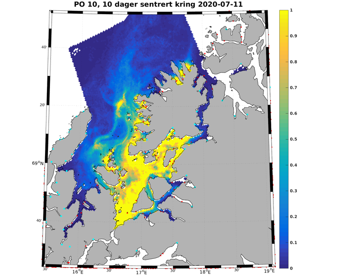 Figur 2. Resultater fra den hydrodynamiske spredningsmodellen for lakselus. Figuren viser tetthet av kopepoditter på en skala fra 0-1 (antall per kvadratmeter), summert over perioden som står i tittelen. Fargene kan ikke direkte overføres til effekt på vill laksefisk.