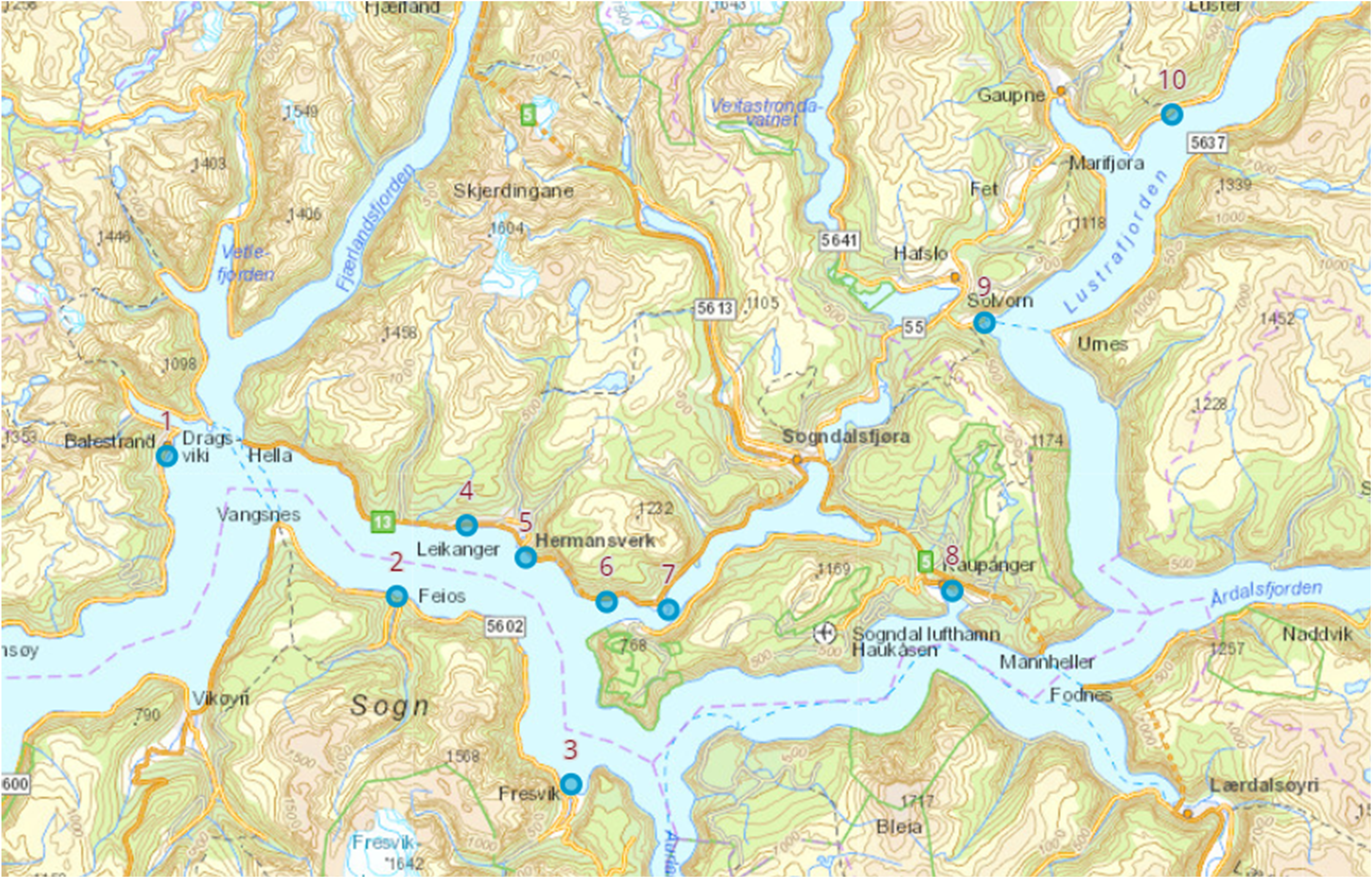 Planlagte posisjoner i Sognefjorden